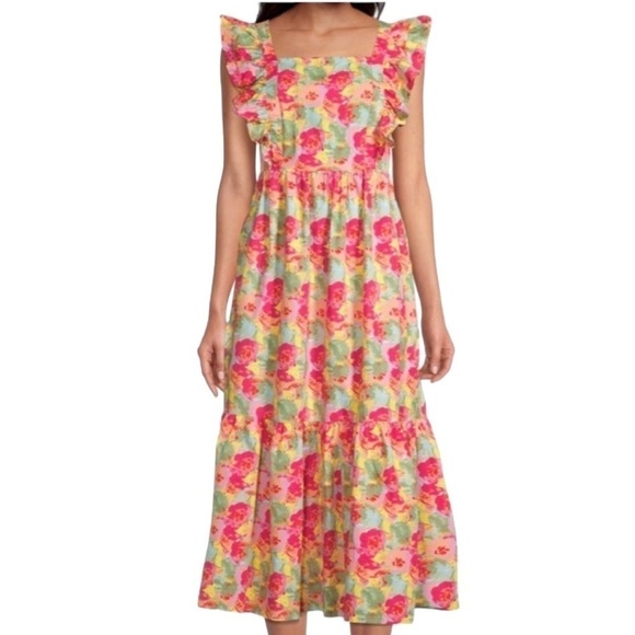 Peyton & Parker Vibrant Floral Multicolor Ruffled Sleeve Maxi Sundress Size L - Picture 1 of 8